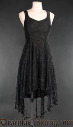 Black lace high low women's dress shown without detachable bolero in a sleeveless style