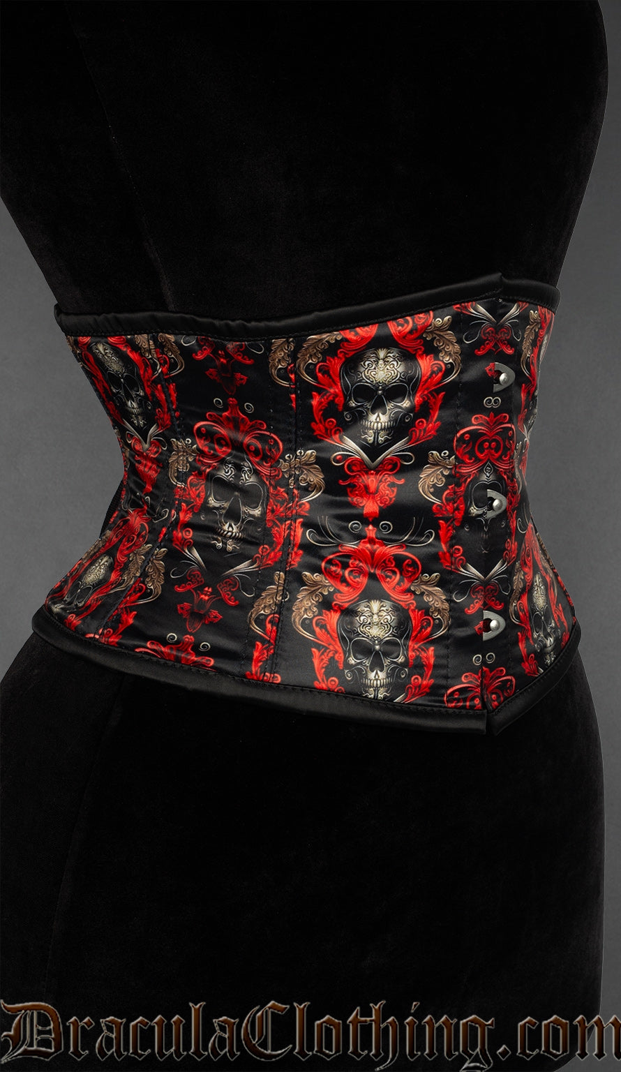 Side view of skull print black and red ornate design waist cincher