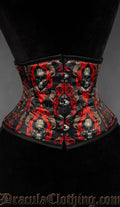 Women's waist cincher featuring a skull print with red ornate framing