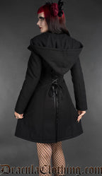 Black hooded embroidered wool coat back view with lace-up waist detail and fitted silhouette worn by model