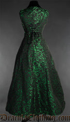 Back view of women's black and green brocade dress showing adjustable corset-style lacing in the torso