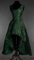 Women's sleeveless high low dress made from green and black brocade fabric