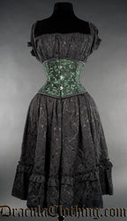 Black and emerald green waist cincher worn over a black brocade gothabilly dress
