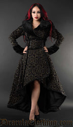 Women's long high low winter coat made with black grey and gold brocade jacquard fabric and faux fur accents