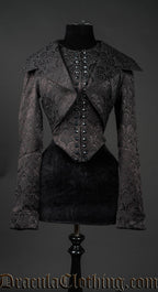 Women's black brocade jacket shown with dramatic large collar folded down
