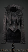 Women's short black brocade bodice length jacket with dramatic collar in the style of an old queen