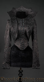 Women's short black brocade bodice length jacket with dramatic collar in the style of an old queen