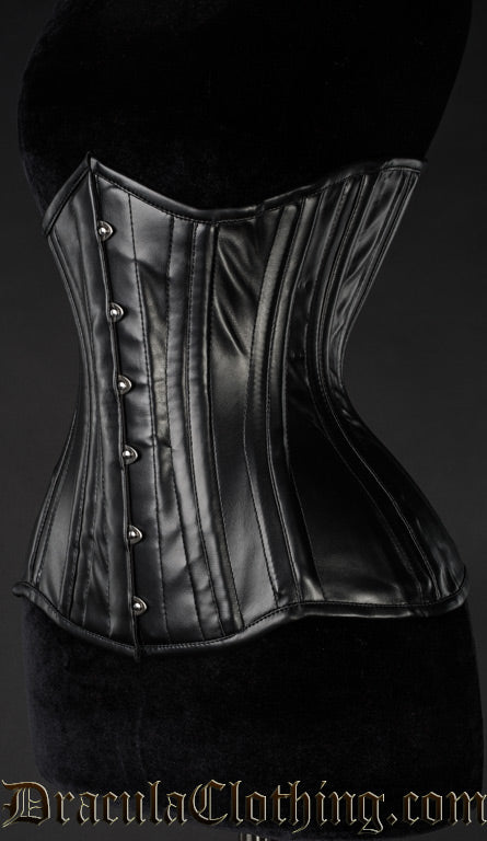 Side view of black faux leather corset showing extreme waist shaping