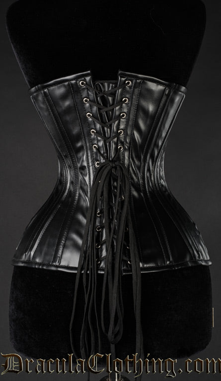 Back view of black faux leather extreme waist corset showing matching modesty panel and adjustable lacing