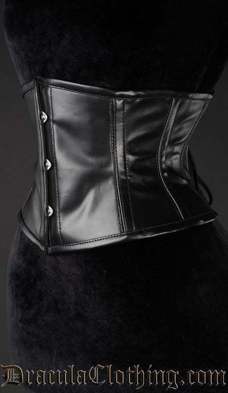 Side view of black faux leather waist cincher showing shaping
