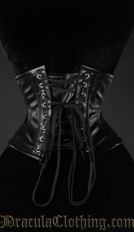 Back view of black faux leather waist cincher showing matching leather modesty panel and adjustable lacing