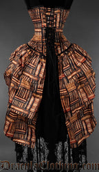 Back view of printed book themed corset with layered bustle attachment showing adjustable lacing and modesty panel in matching print fabric