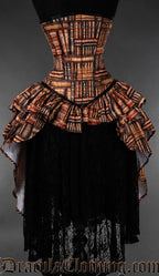 Printed bustle corset featuring print of books on shelves