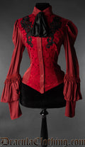 Women's red long sleeved blouse made from satin and brocade fabric with black embroidered details