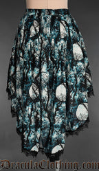 Back view of full moon forest print women's skirt showing longer back and elasticated waistband