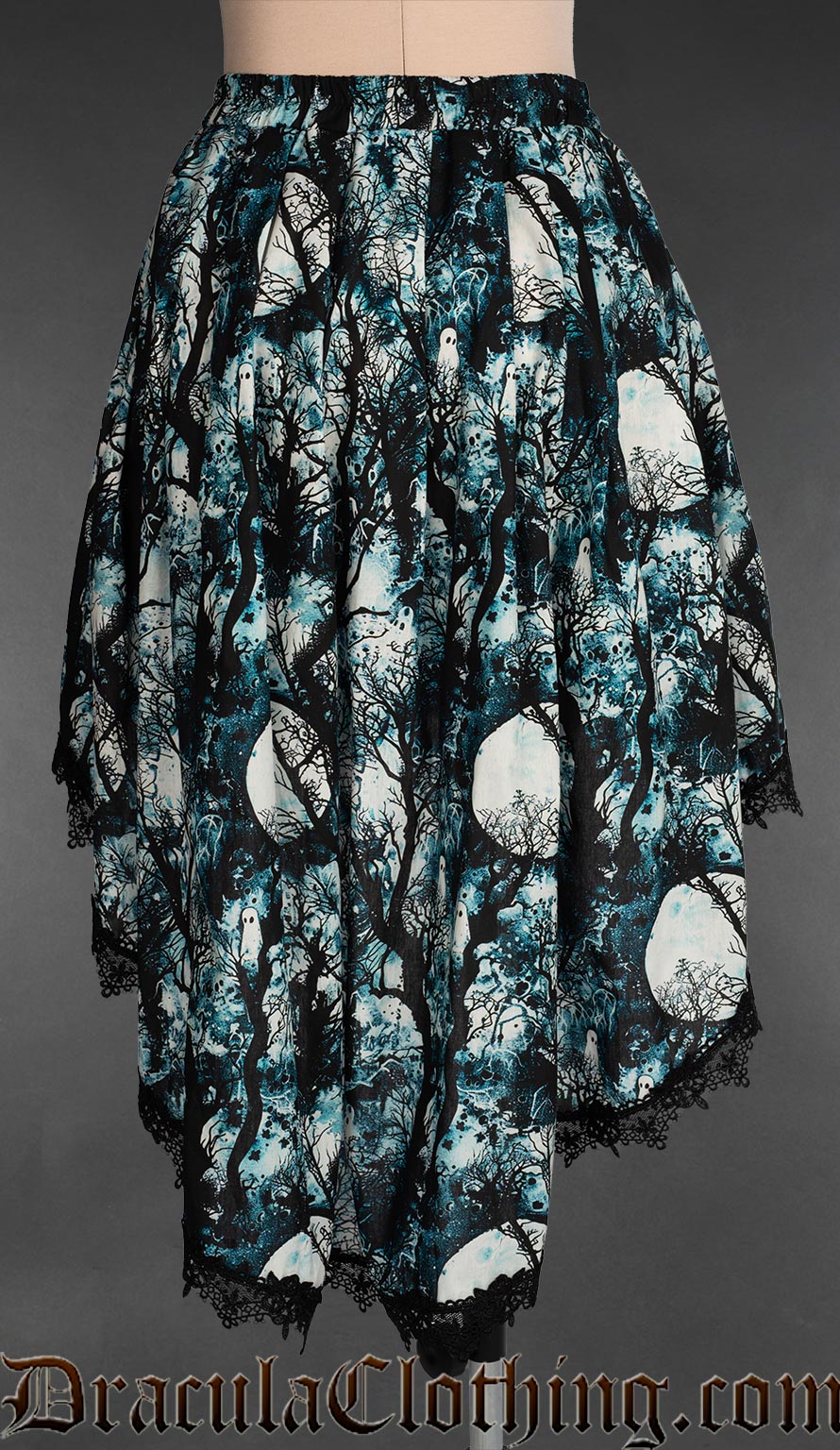 Back view of full moon forest print women's skirt showing longer back and elasticated waistband