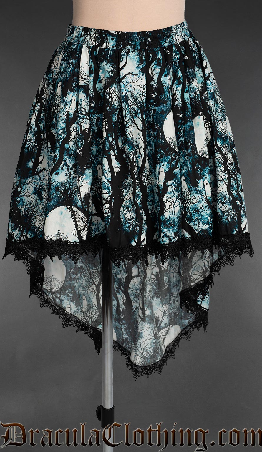 High low skirt with full moon forest print black lace trim and elasticated waistband