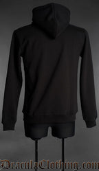 Back view of black gothic zip hoodie for men with hood and minimalist dark aesthetic design
