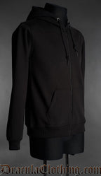 Back view of black gothic zip hoodie for men with hood and minimalist dark aesthetic design