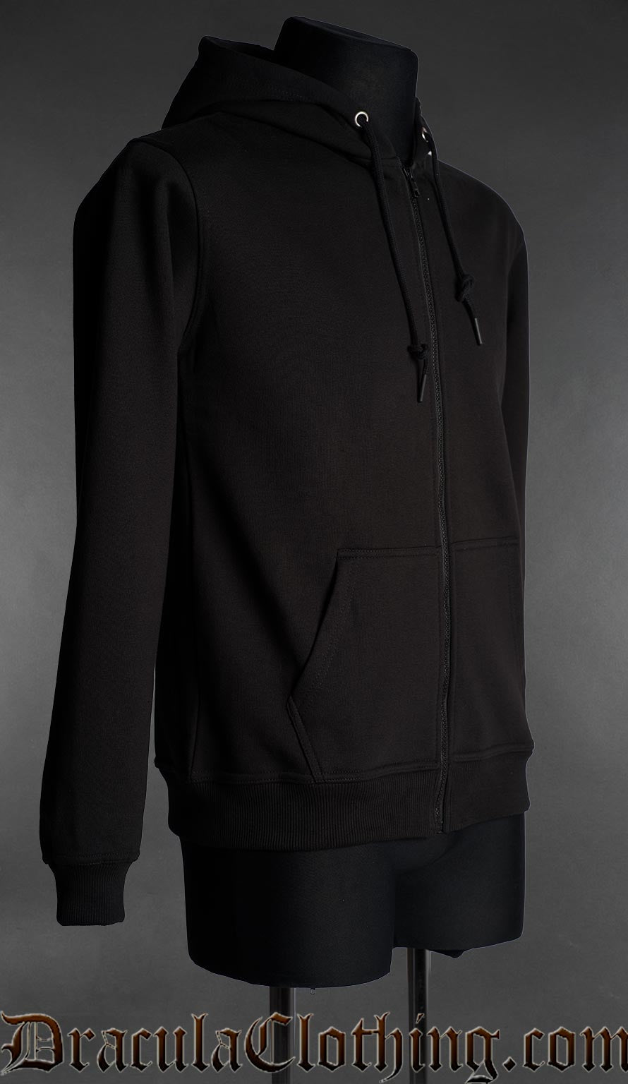 Back view of black gothic zip hoodie for men with hood and minimalist dark aesthetic design