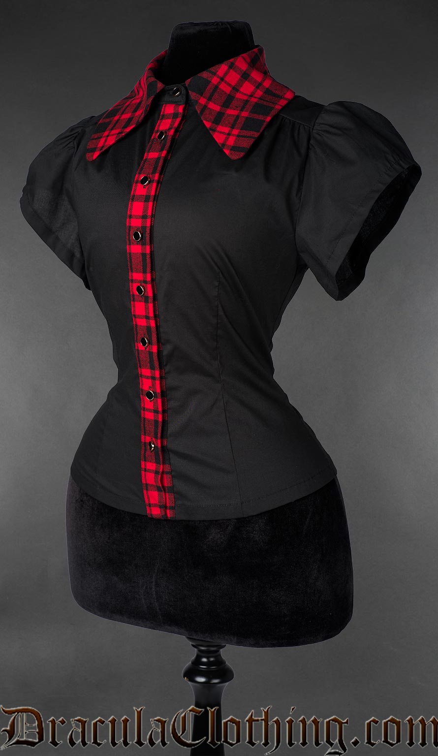 Black blouse with red tartan details