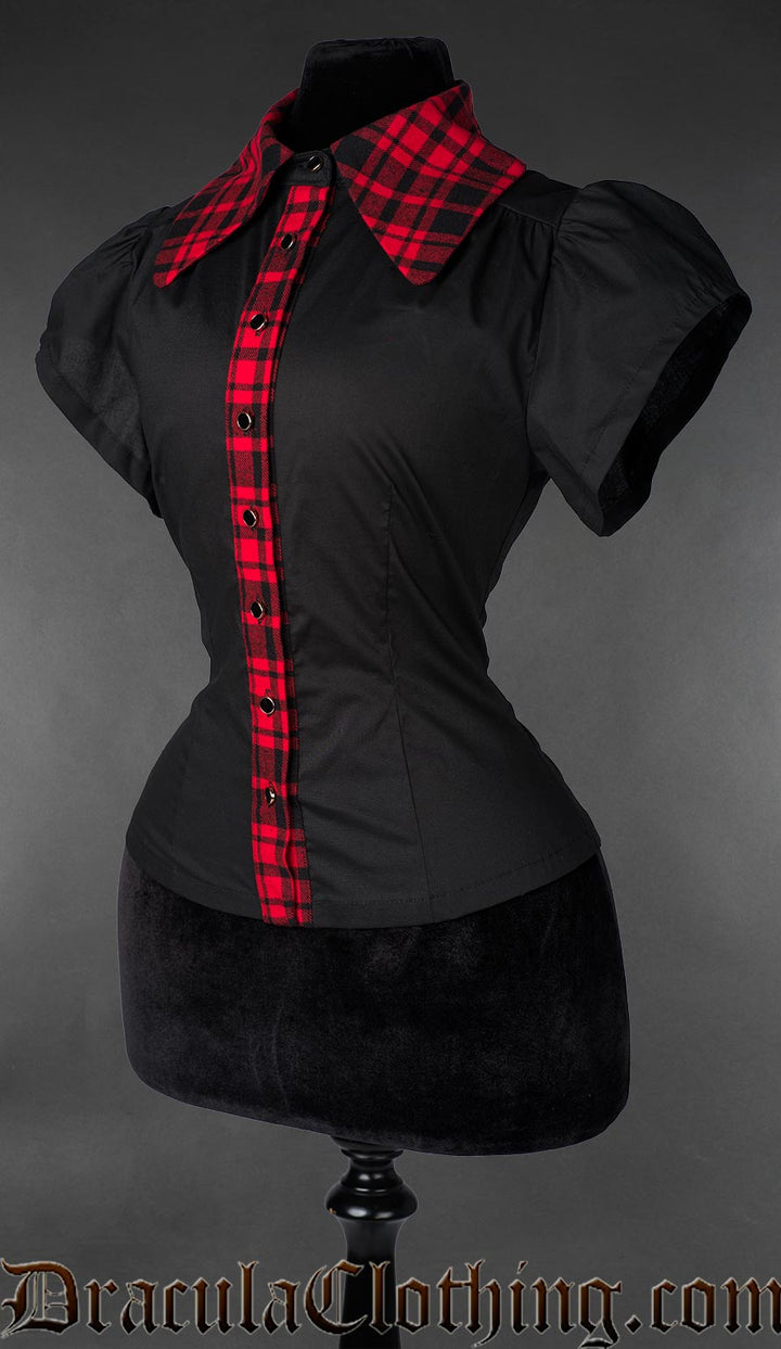 Black blouse with red tartan details