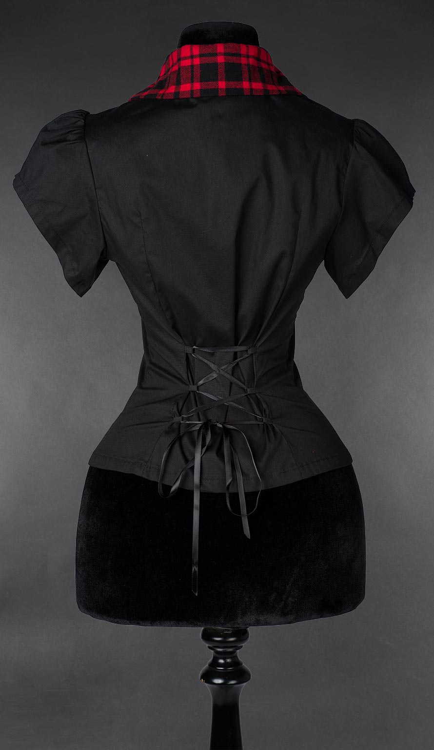 Black cotton blouse with red tartan details