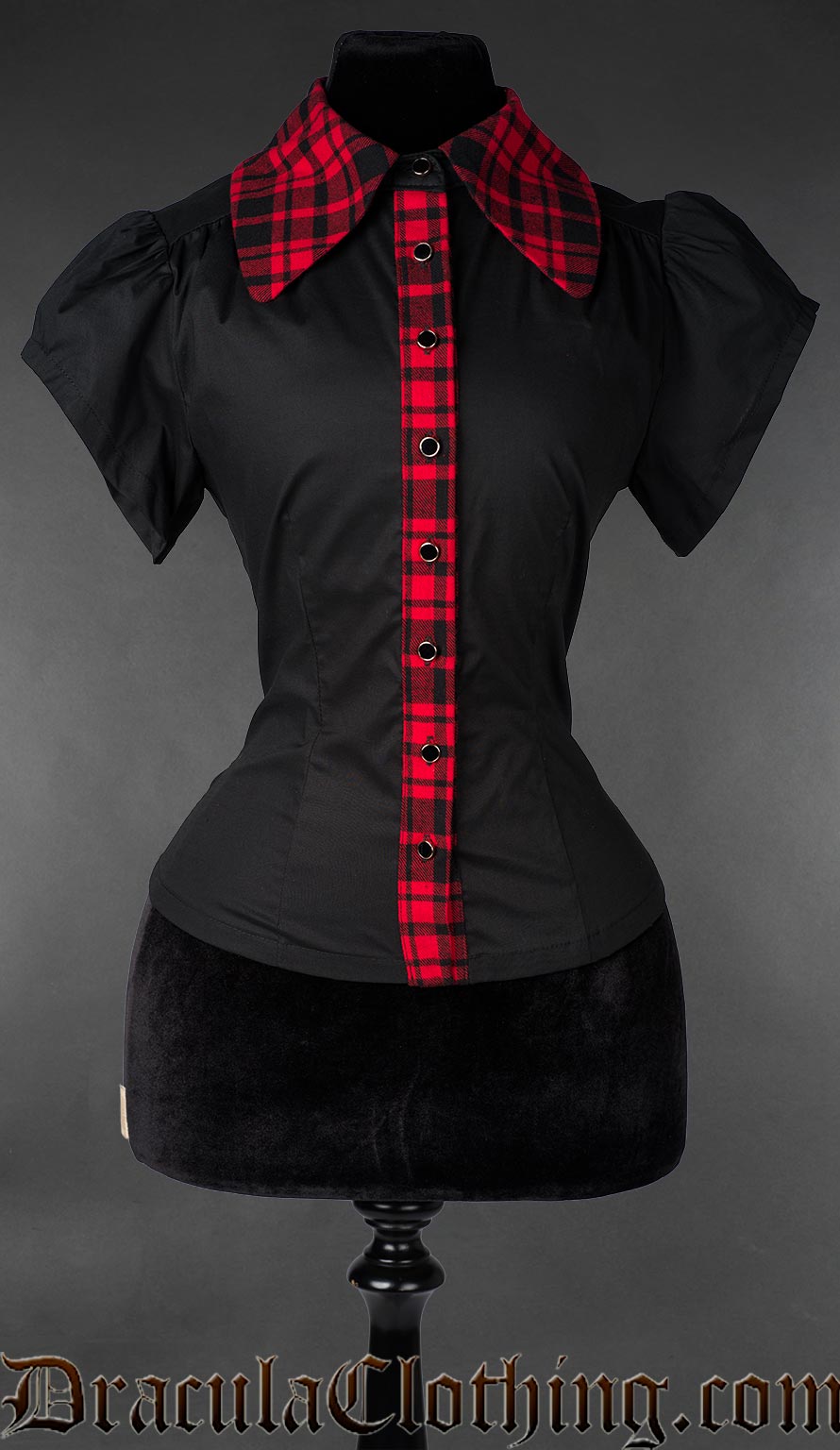 Black blouse with red tartan details