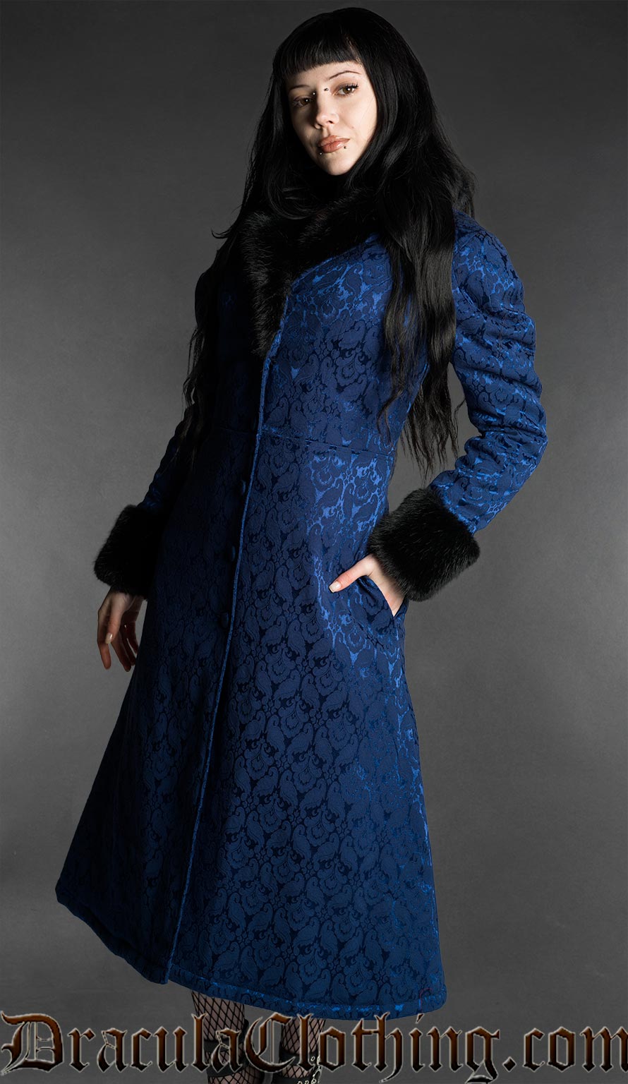 Gothic Blue Brocade Coat With Faux Fur