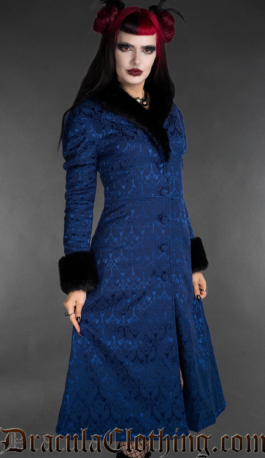Blue gothic brocade coat with floral pattern and black faux fur collar and cuffs