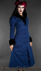 Blue gothic brocade coat with floral pattern and black faux fur collar and cuffs