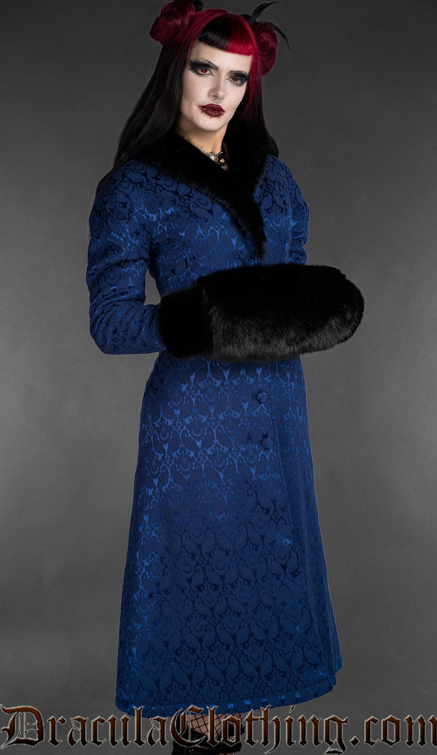 Gothic Blue Brocade Coat With Faux Fur
