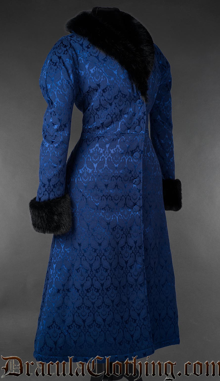 Blue gothic brocade coat with black faux fur collar and cuffs
