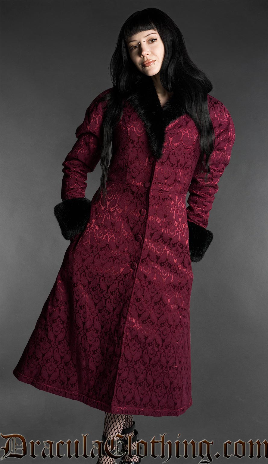 Gothic Burgundy Brocade Coat With Faux Fur