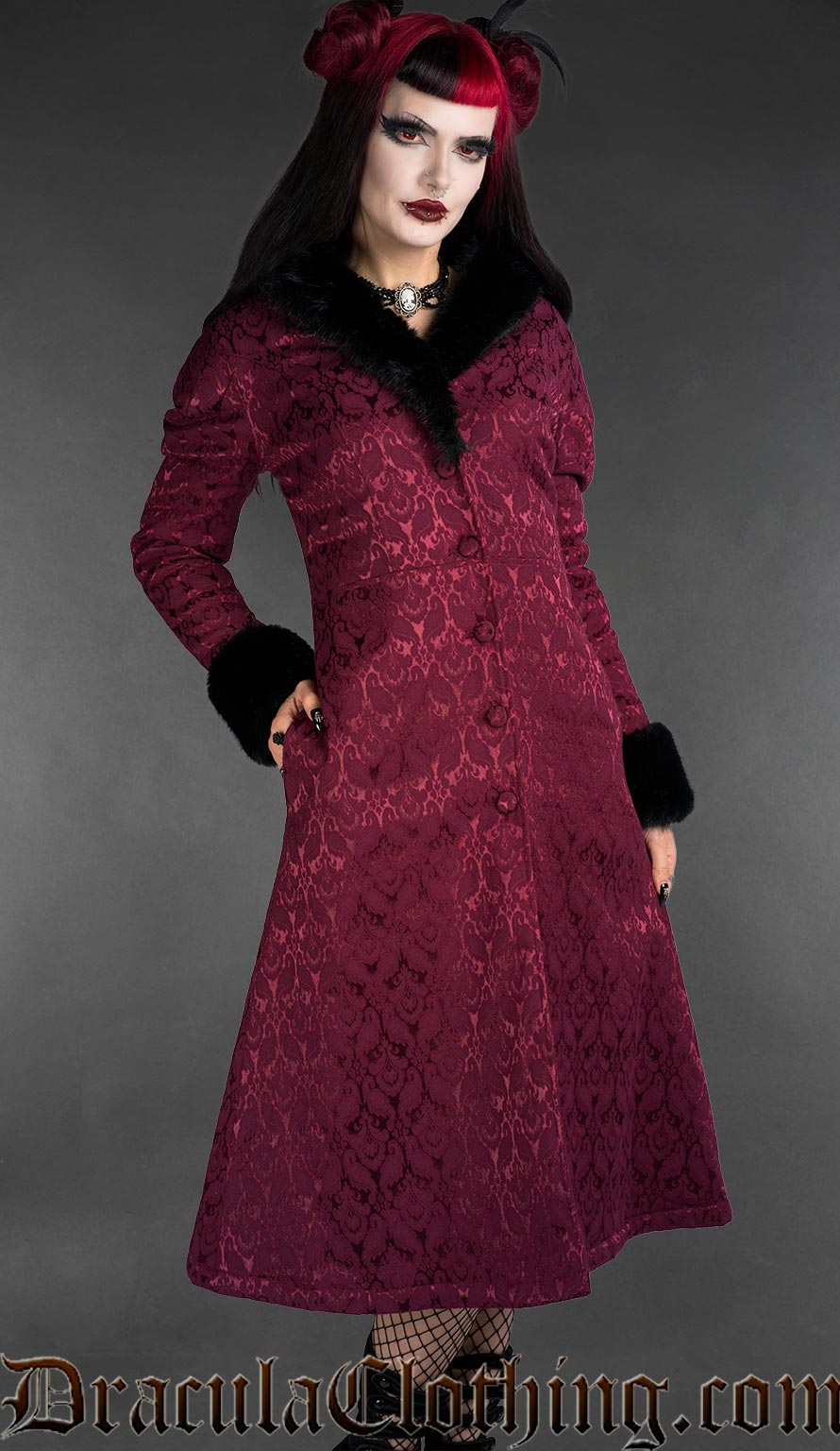 Gothic Burgundy Brocade Coat With Faux Fur
