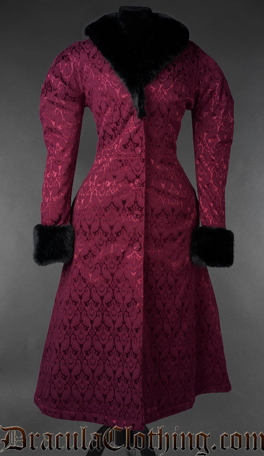 Gothic Burgundy Brocade Coat With Faux Fur