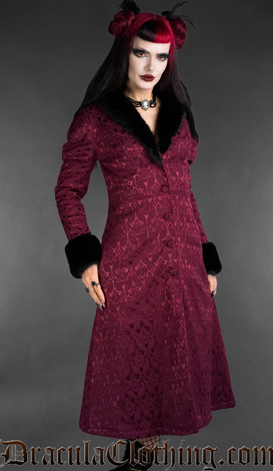 Gothic Burgundy Brocade Coat With Faux Fur