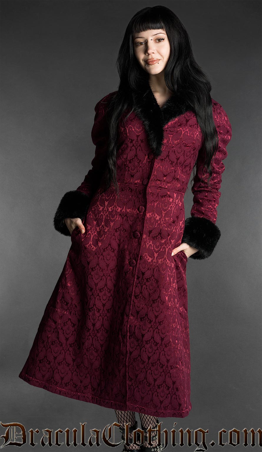 Gothic Burgundy Brocade Coat With Faux Fur