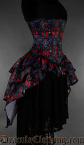 Red and black gothic bustle corset featuring cathedral inspired stained glass print side view