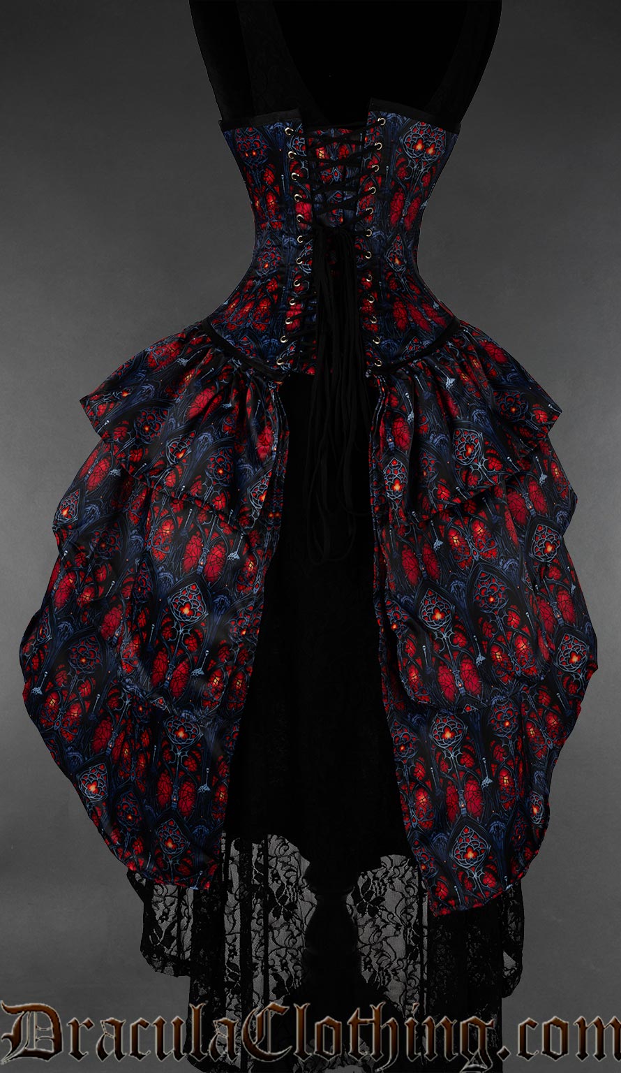 Red and black gothic bustle corset featuring cathedral inspired stained glass print back view