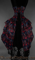Red and black gothic bustle corset featuring cathedral inspired stained glass print back view
