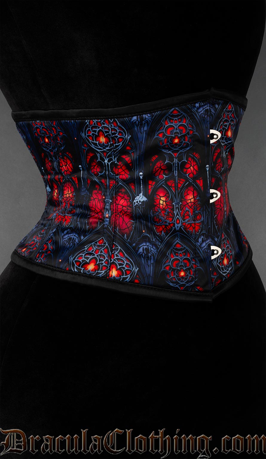 Side view of waist cincher with gothic cathedral printed design in red and deep blue