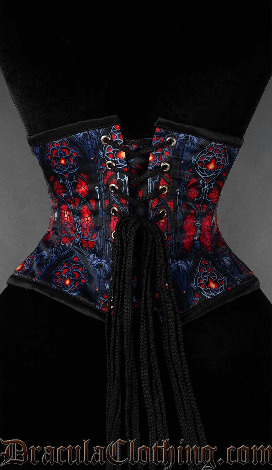 Back view of gothic cathedral print waist cincher showing matching modesty panel and adjustable lacing