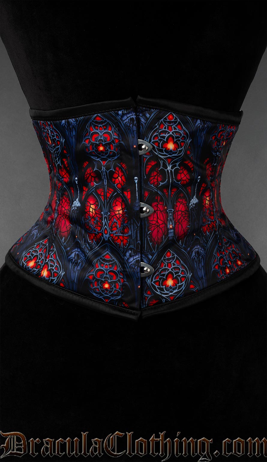 Waist cincher with red and deep blue print featuring gothic cathedral stained glass design