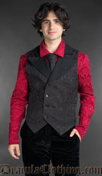 Gothic double-breasted black cotton brocade waistcoat with peak lapels worn over a red Victorian shirt