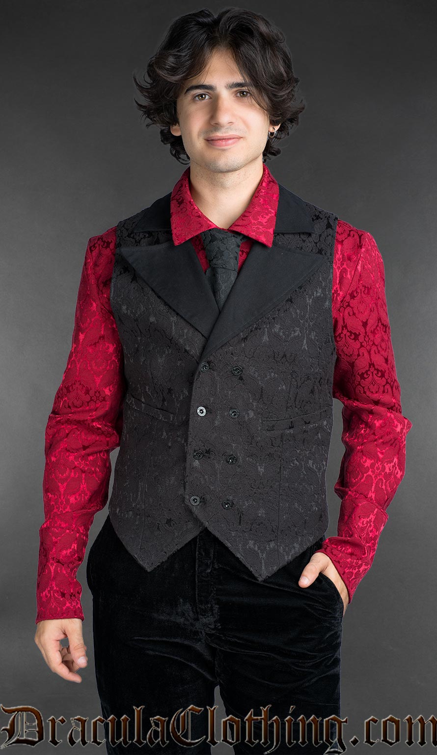 Gothic double-breasted black cotton brocade waistcoat with peak lapels worn over a red Victorian shirt