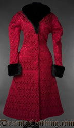 Red gothic brocade coat with black faux fur collar and cuffs, front view on a gray background