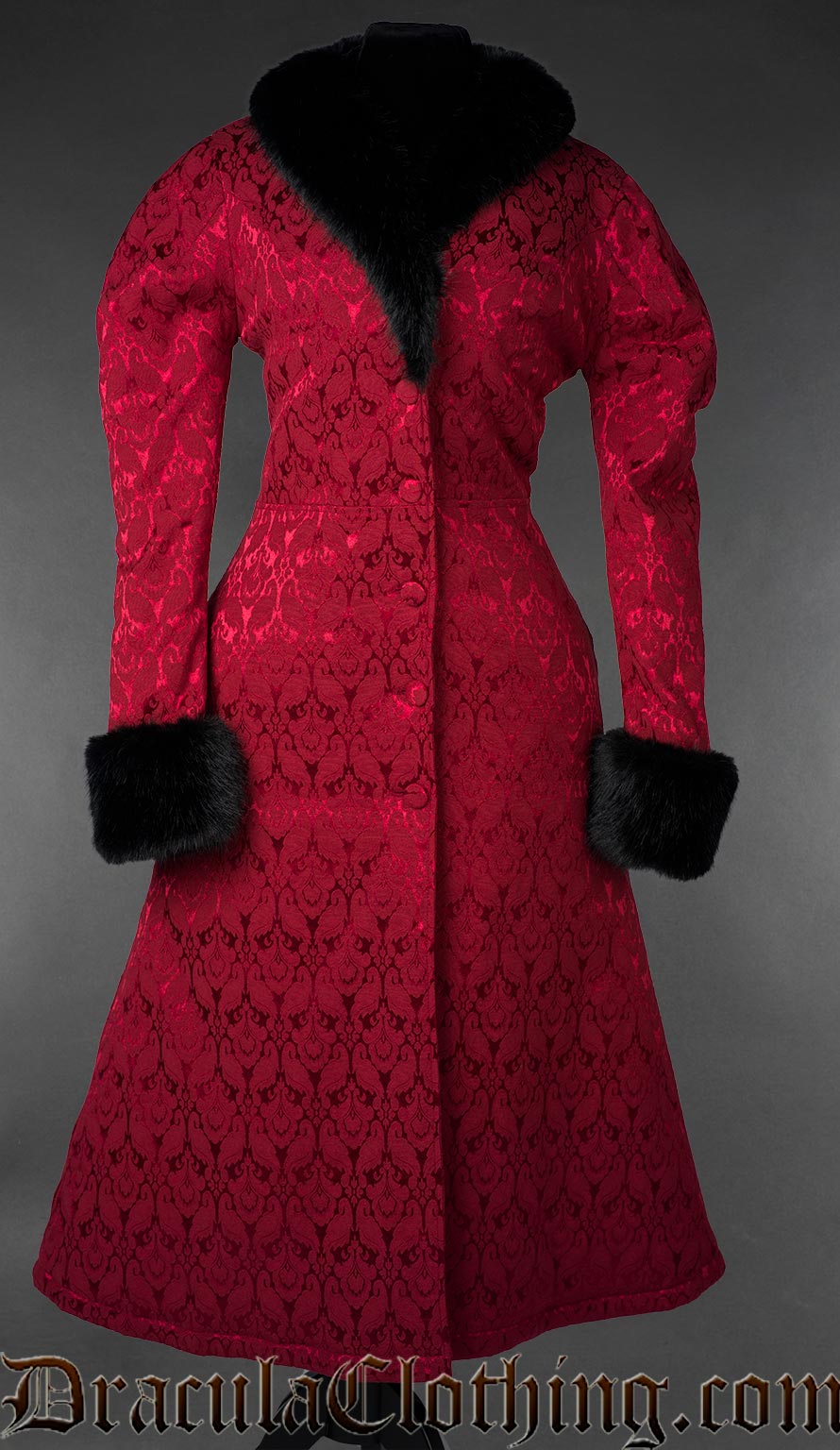 Red gothic brocade coat with black faux fur collar and cuffs, front view on a gray background