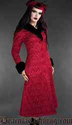 Red gothic brocade coat with black faux fur trim worn by a woman, angled front view