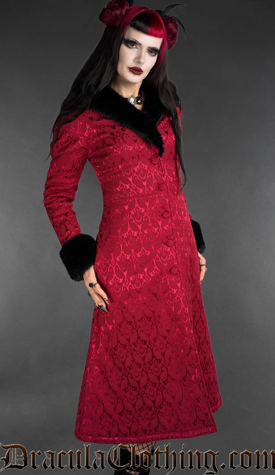 Gothic Red Brocade Coat With Faux Fur